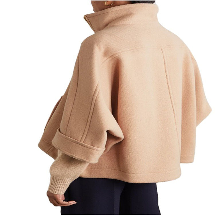 Women's Short Cape Jacket made of Wool Blend with Stand-up Collar and Zipper Mune Fashion