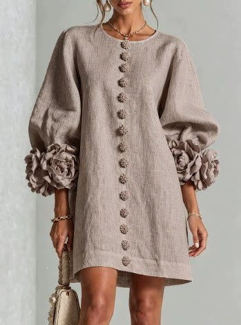 Women’s Short-Cut Linen Dress with 3D Flower Sleeves and Center Button Placket Mune Fashion