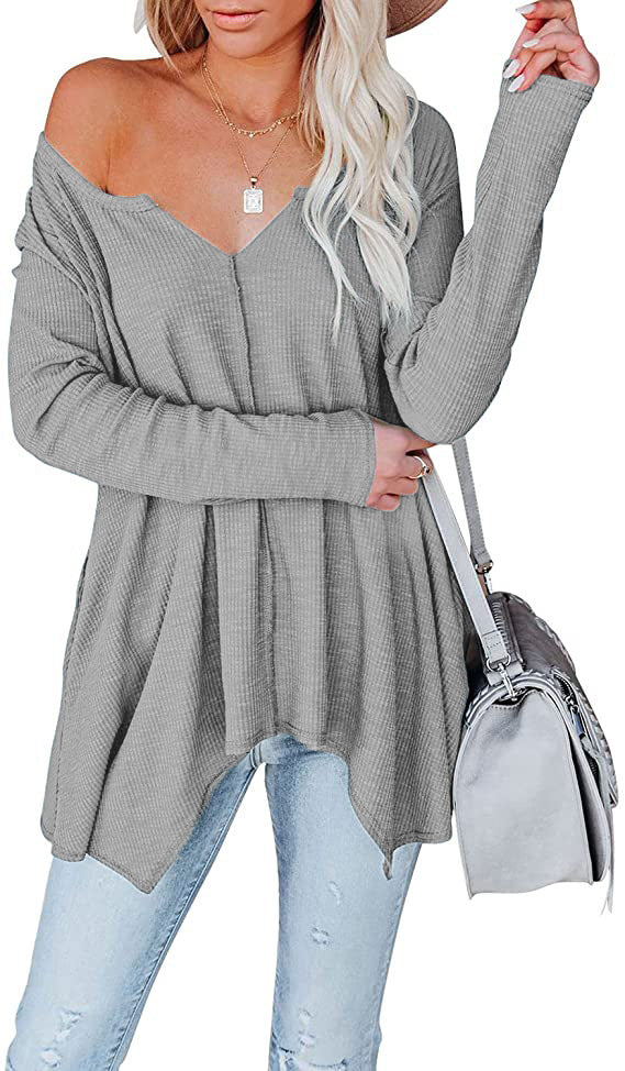 Women's Casual Waffle Knit Tunic Top with V-Neck, Off-Shoulder and Asymmetrical Hem Mune Fashion