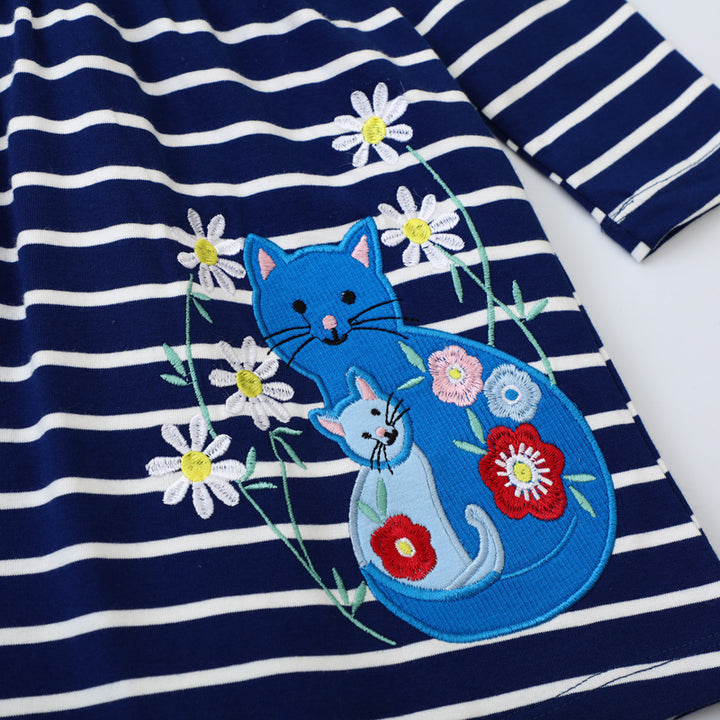 Girl striped cotton dress with cat embroidery Mune Fashion
