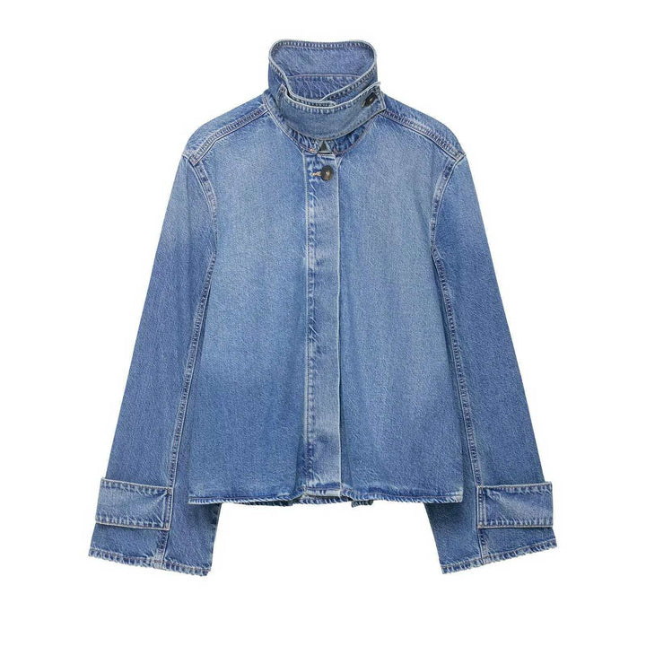 Women's cropped Boxy denim jacket with high wrap or stand collar and concealed button placket Mune Fashion