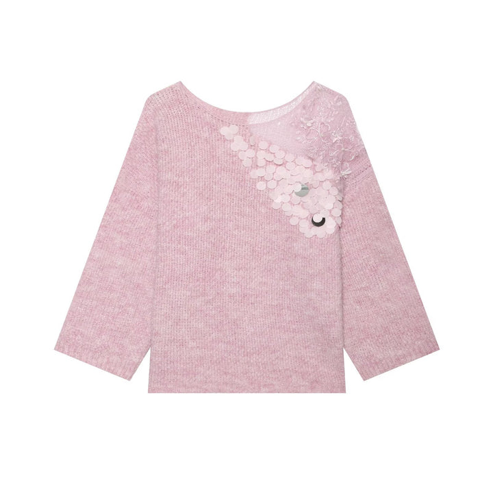 Ladies chunky knit pullover with round neckline, 3/4 sleeves and sequin lace application Mune Fashion