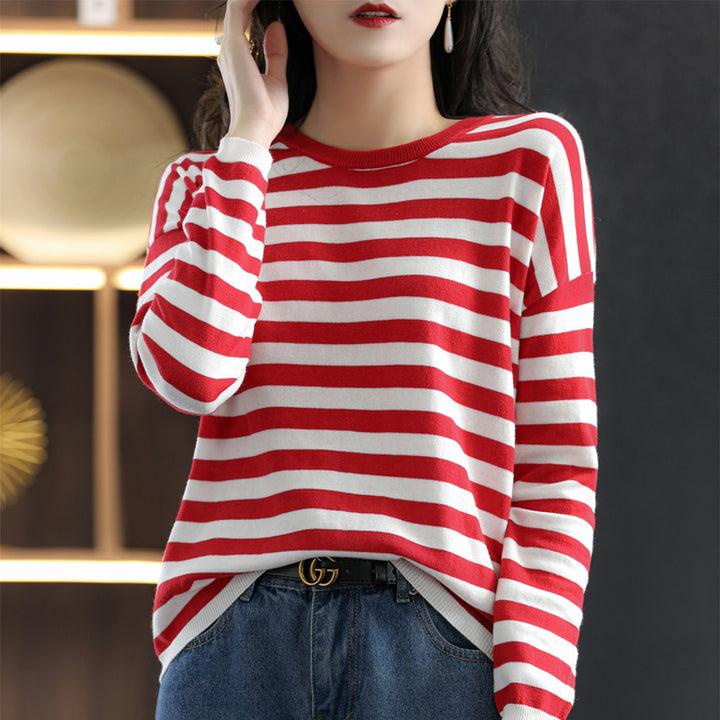 Women Maritime-inspired striped fine knit shirt with wide boat neck and contrast trim Mune Fashion