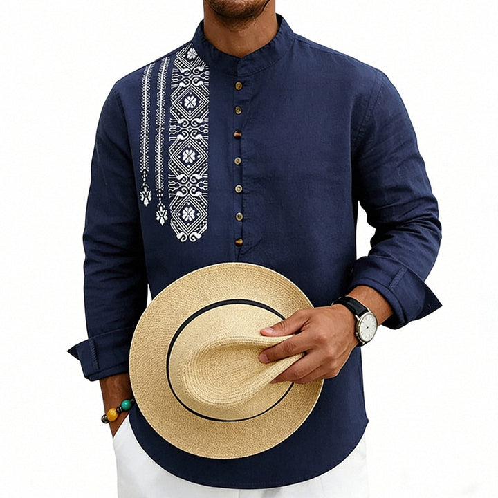 Men's embroidered linen henley shirt with stand-up collar and ethnic chest motif Mune Fashion