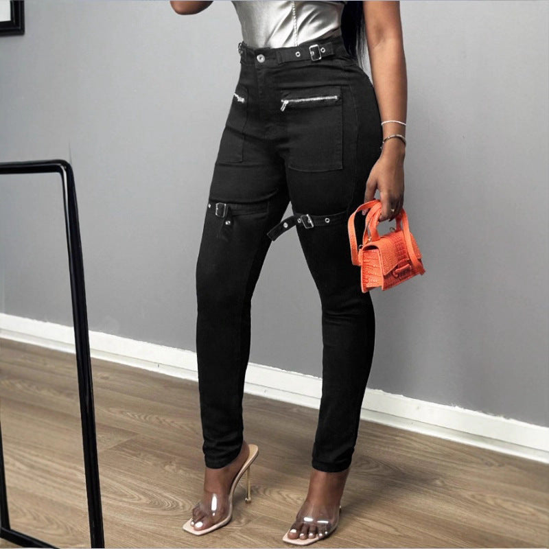 Women High-Waist Skinny Jeans with decorative zippers, patch pockets and belt decor Mune Fashion