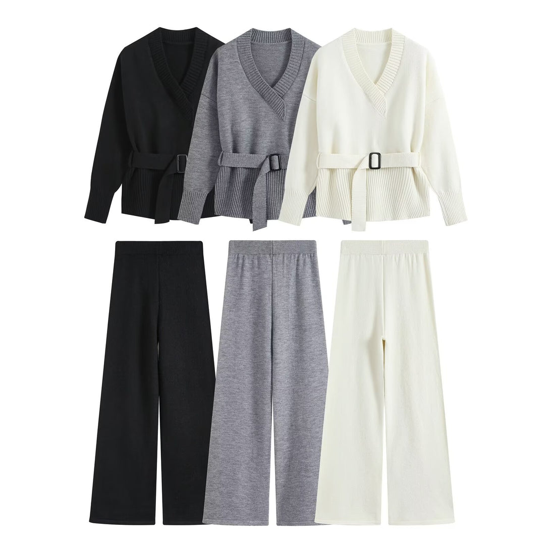 Women's Knit Set with V-Neck, Waist Belt, and Wide Culotte Pants Drune