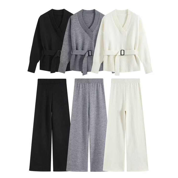 Women's Knit Set with V-Neck, Waist Belt, and Wide Culotte Pants Drune