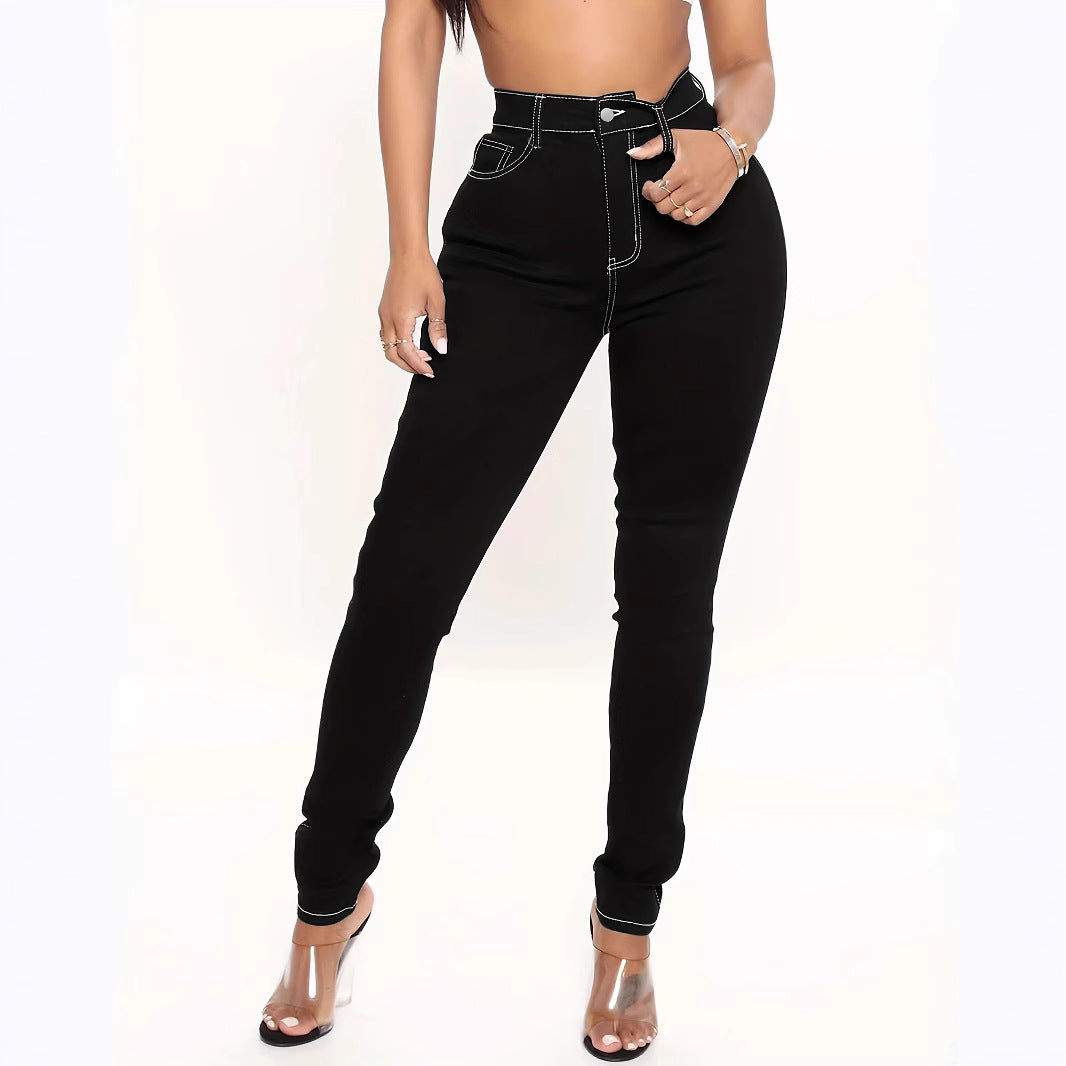 Women's High-Cut Sculpting Skinny Jeans with Contrasted Seam Design and Butterfly Embroidery Mune Fashion