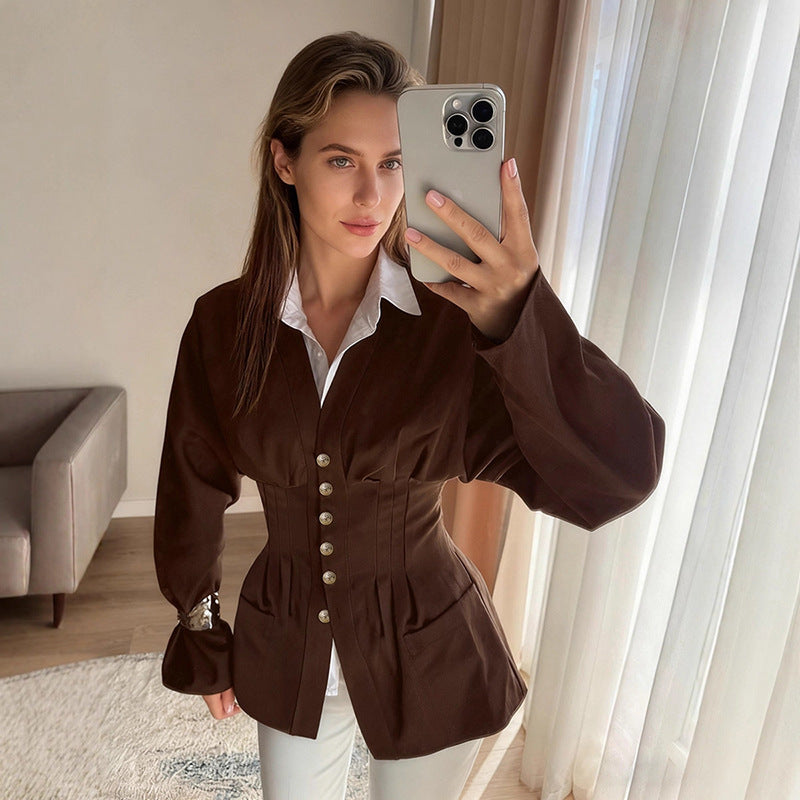 Women's tailored corset blazer with decorative button placket Mune Fashion
