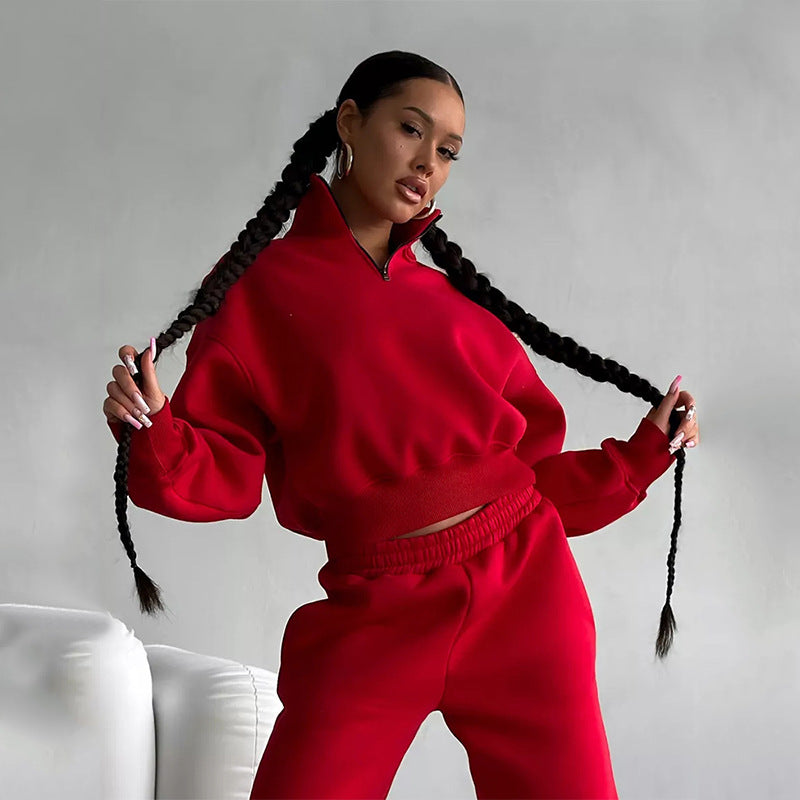 Women Two-Piece Cropped Half-Zip Sweatset with Stand Collar and Elastic High-Waist Jogging Pants Mune Fashion