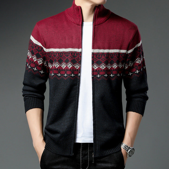 Men's Norwegian Pattern Cardigan with Full Zip and Stand-Up Collar Mune Fashion