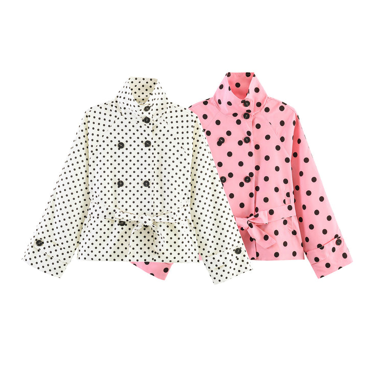Women tailored short trench coat with stand-up collar, waist belt and double-breasted button placket Mune Fashion