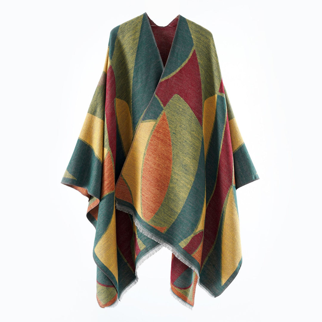 Women's Oversize Poncho with V Neck and Geometric Jacquard Design Mune Fashion