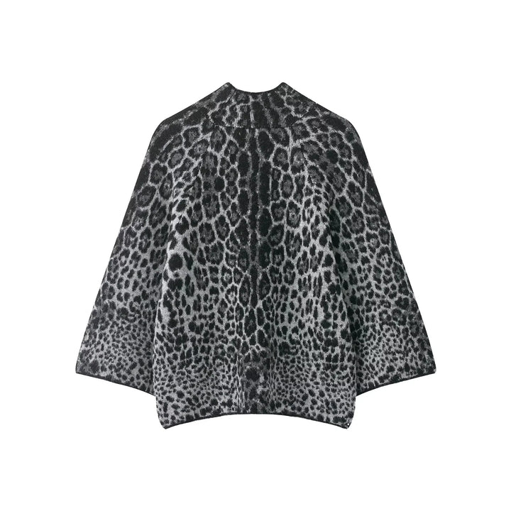 Women's Oversize Poncho with Leopard Jacquard, Structured Roll Neck and Flared A-Line Silhouette Mune Fashion