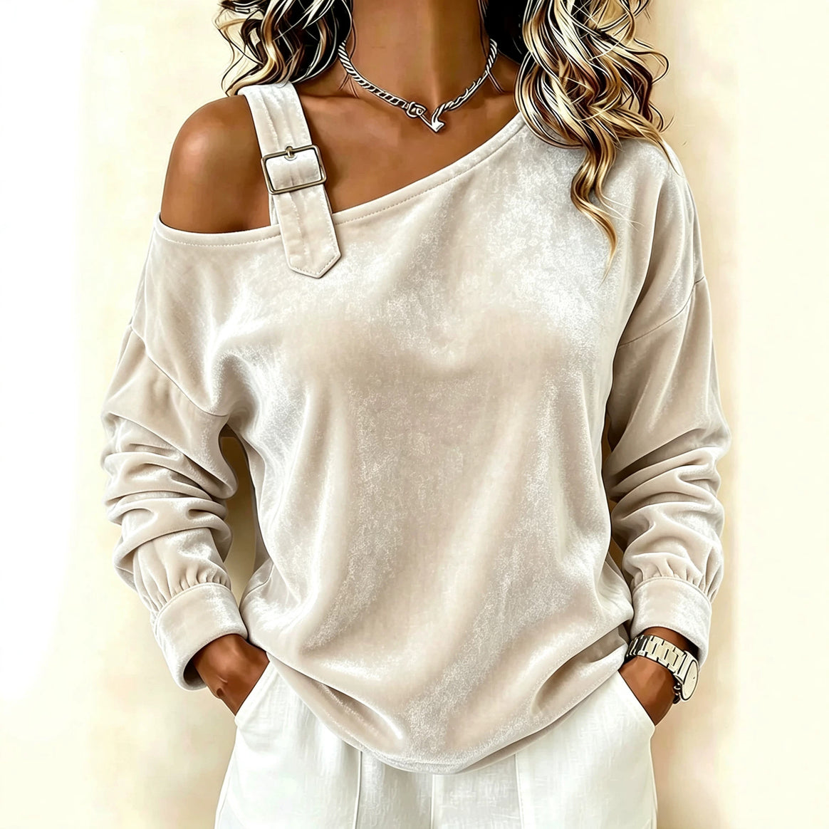 Women's velvet sweatshirt with asymmetric Carmen neckline and decorative buckle Mune Fashion