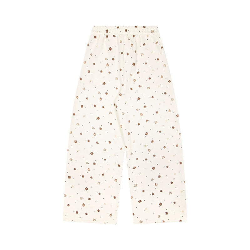 Women's Wide Lounge Pants in Culotte Style with Elastic Comfort Waistband and Cute Bear Print