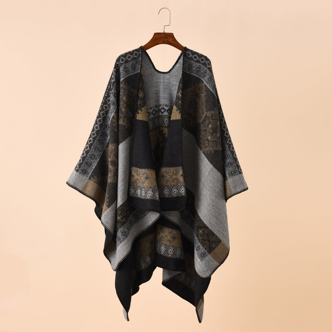 Women Jacquard Poncho Cape with Ethno Pattern and Wool Blend Mune Fashion
