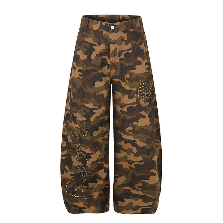 Women's Wide Camouflage Palazzo Pants with Balloon Hem and Studded Details Mune Fashion