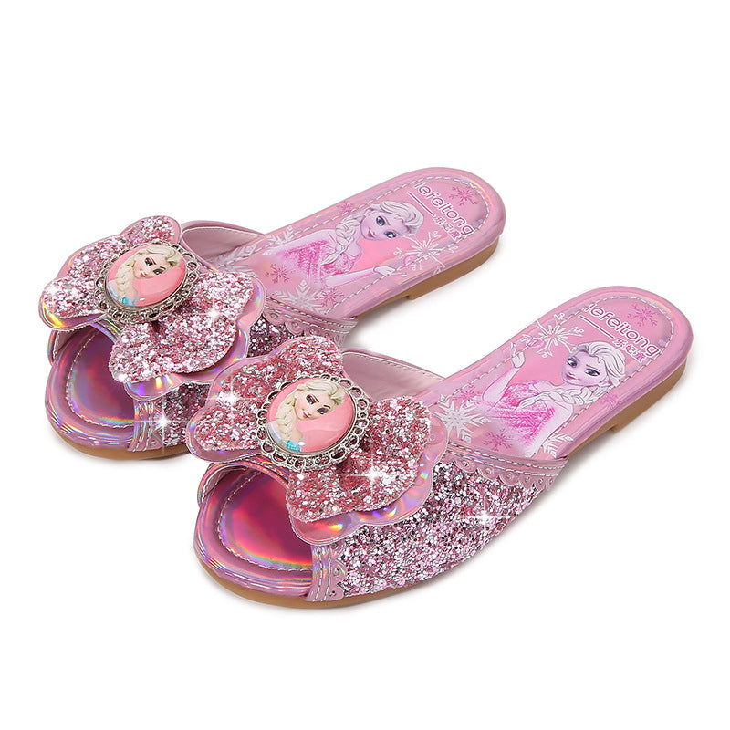 Girl Glittering Slippers with Flower Application Mune Fashion