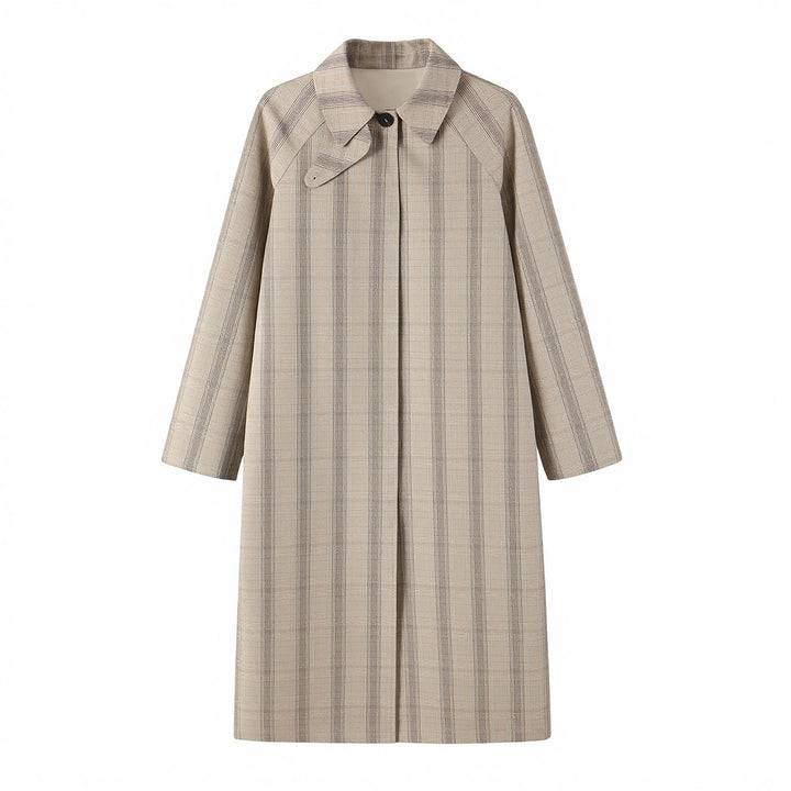 Women's Mid-Length Check Coat with Concealed Button Placket and Raglan Sleeves Mune Fashion
