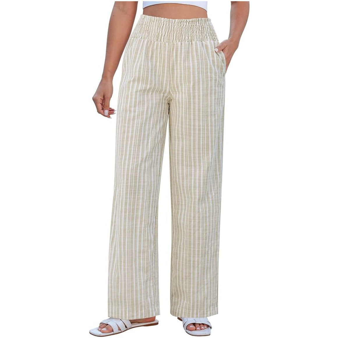 Women Lightweight Linen Look Palazzo Pants with High Smocked Waistband and Side Pockets Mune Fashion