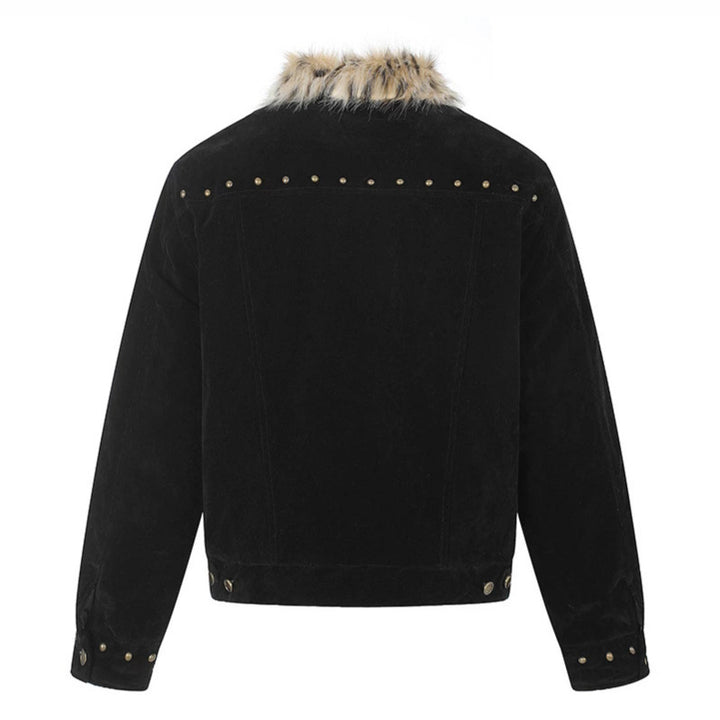 Men's suede trucker jacket with faux fur collar, stud embellishments and snap button closure Mune Fashion