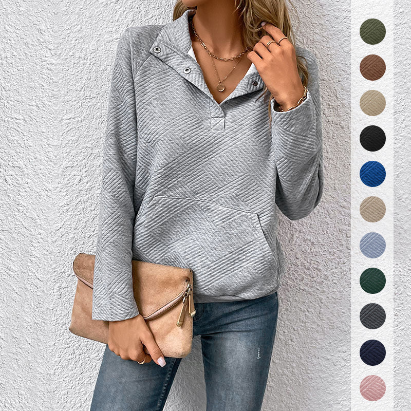 Women’s quilted sweatshirt with flap collar, snap button detail, and kangaroo pocket Mune Fashion