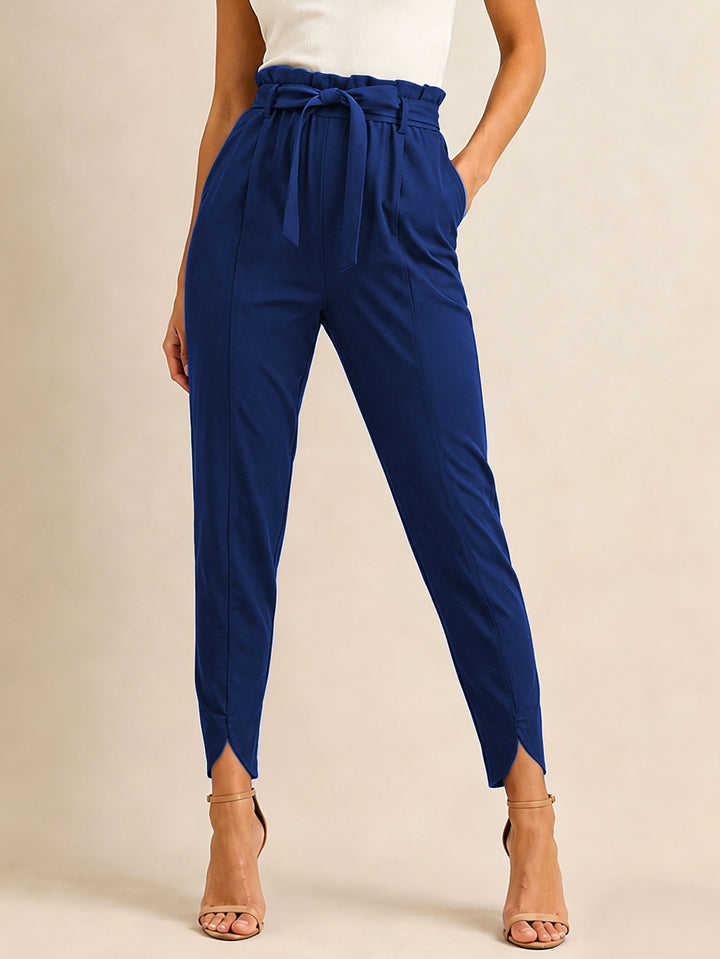 Women's high-waisted paperbag pants with tie belt and slit ankle hem Mune Fashion
