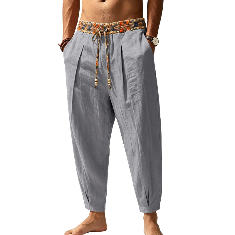Men's Casual Harem Pants with Patterned Drawstring Waist and Tapered Ankle Cuffs Mune Fashion