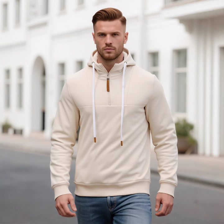Men's Half-Zip Hooded Sweatshirt with Stand-Up Collar, Drawstring and Leather Details Mune Fashion
