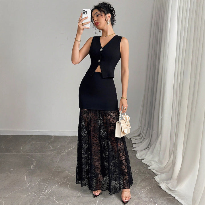 Women two-piece evening set with tailored vest and floor-length lace overlay skirt Mune Fashion