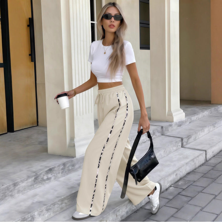 Women's Wide High-Waist Lounge Pants with Drawstring and Contrasting Side Stripes Mune Fashion