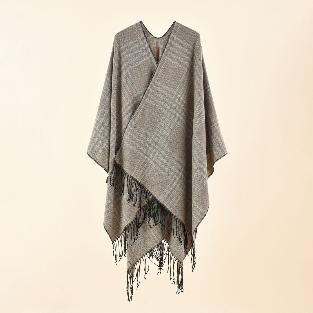 Women's Ruana Poncho with V-neck, boxy kimono fit, and fringe hem Mune Fashion