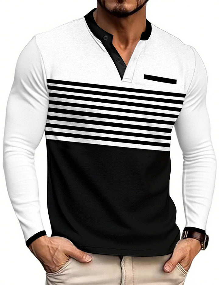 Men's modern long sleeve polo with Henley placket striped chest part and stand-up collar Mune Fashion