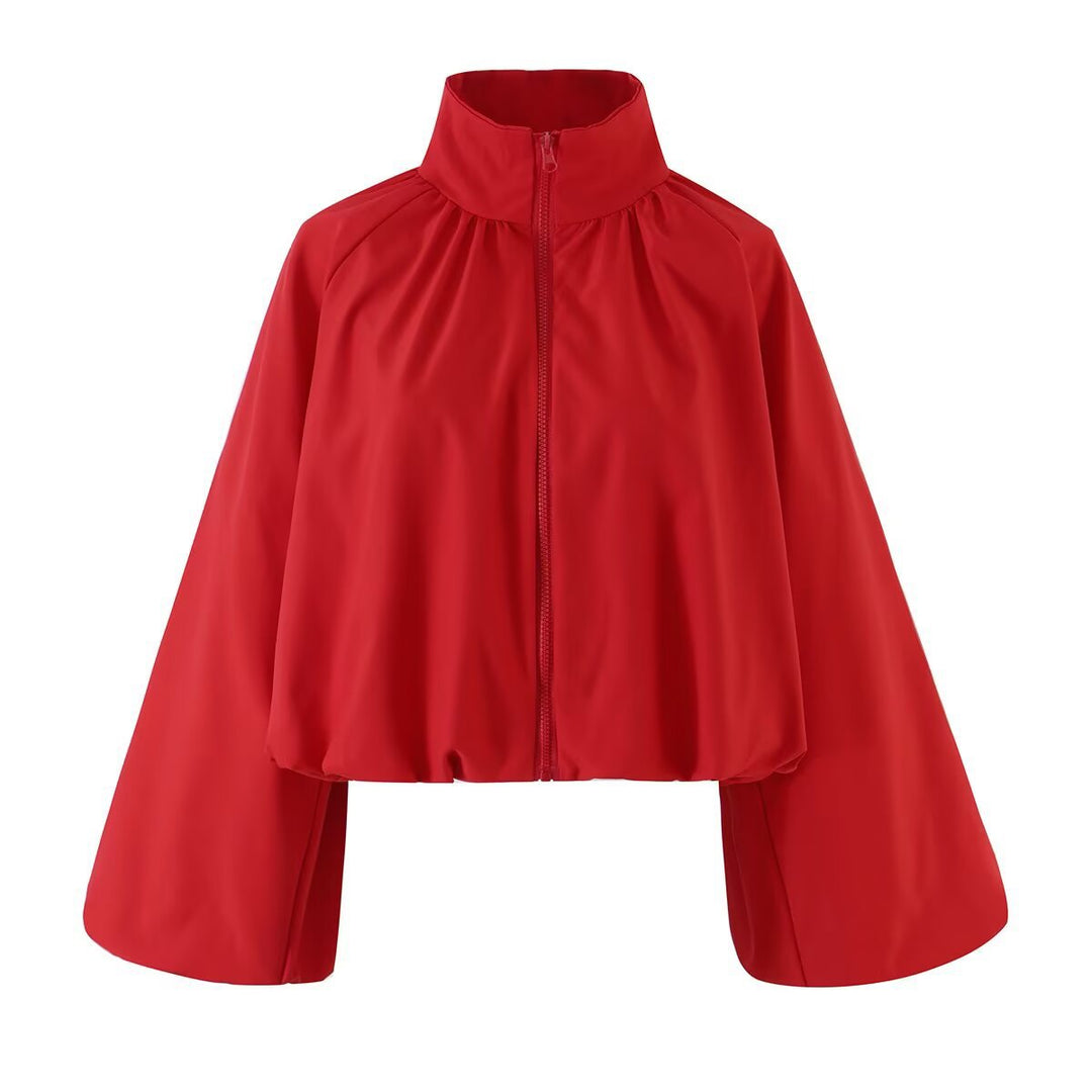 Women Short Cape-Blouson with Stand-Up Collar, Wide Trumpet Sleeves and Zipper