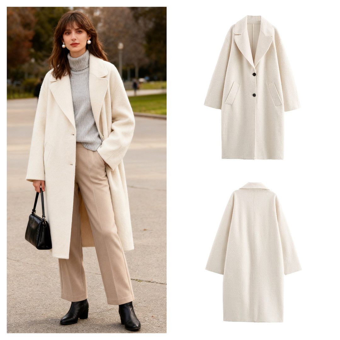 Ladies Oversized Single-breasted Walk Coat with Wide Lapels and Patch Pockets Mune Fashion