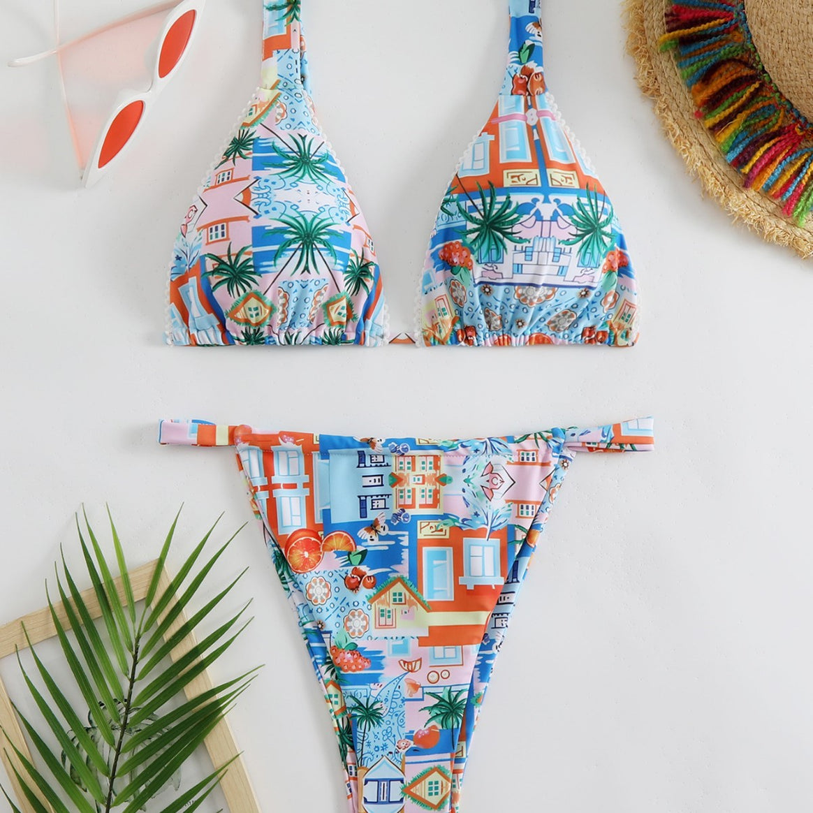Women's bikini set with cheerful city motif and high-cut briefs Mune Fashion