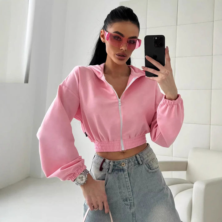 Women Short Zip-Up Hoodie with Elastic Hem and Casual Fit Mune Fashion