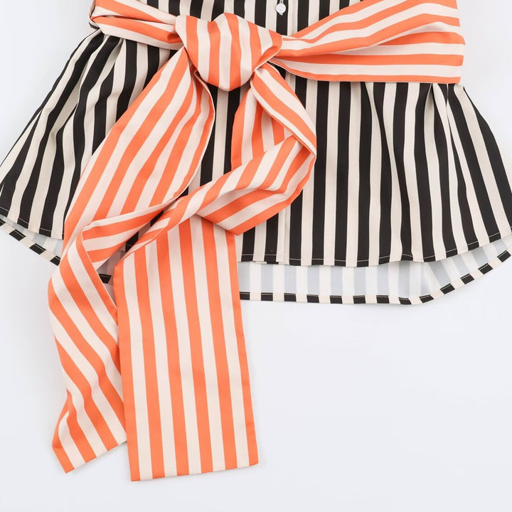 Women Long-Sleeved Shirt Blouse with Contrasting Waist Sash and Wide Cuffs Mune Fashion