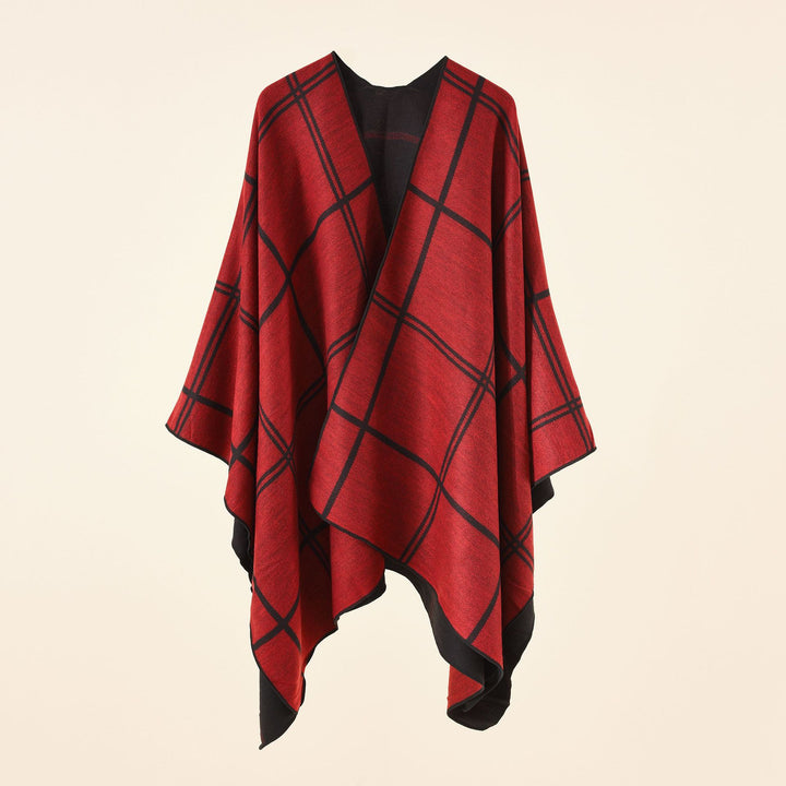 Women Light Checked Wool Blend Ruana Poncho with V-Neck Mune Fashion