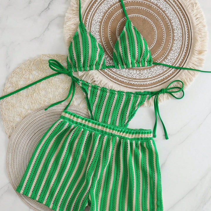 Women's bikini set with striped design and casual shorts Mune Fashion