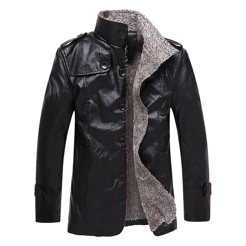 Men's Textured Faux Leather Midlayer Jacket with Teddy Fleece Lining, Stand Collar and Shoulder Patches Mune Fashion