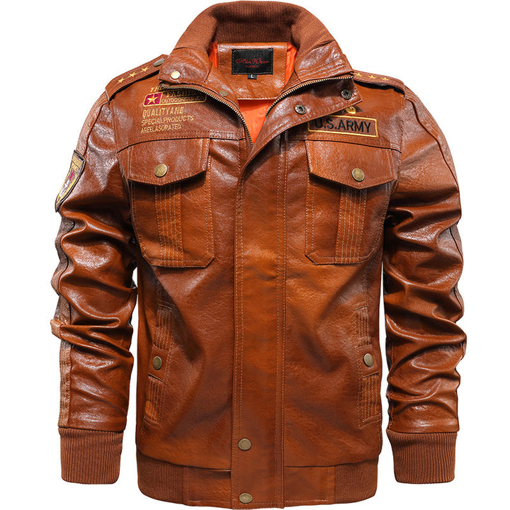 Men's aviator-inspired vintage faux leather bomber jacket with shoulder epaulettes and flap pockets Mune Fashion