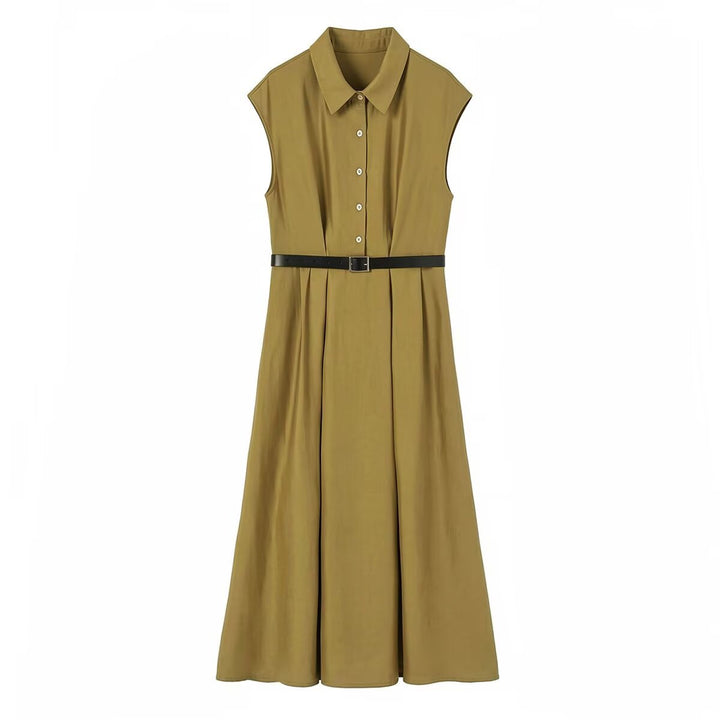 Women Sleeveless Shirt Dress with Waist Pleats and Belt Mune Fashion