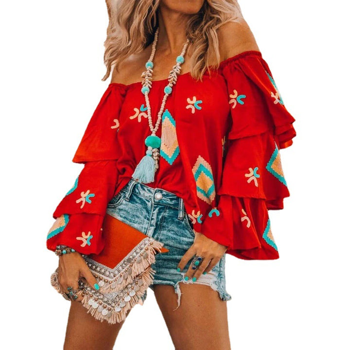 Women's Boho top with off-the-shoulder neckline, layered flounce sleeves, and elaborate embroidery Mune Fashion