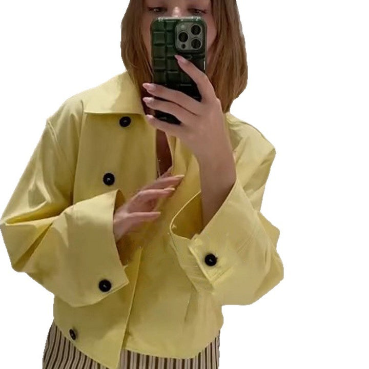 Women's Short Boxy Jacket with Lapel Collar, Contrast Button Detail and Three-Quarter Sleeves Mune Fashion