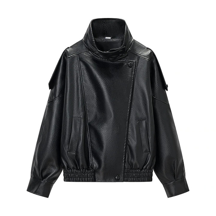 Women's oversized faux leather jacket with high stand-up collar, asymmetric snap button placket, and elastic hem Mune Fashion