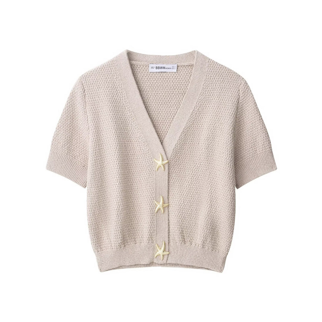 Women's Short-Sleeved Textured Knit Cardigan with V-Neck and Starfish Buttons Mune Fashion