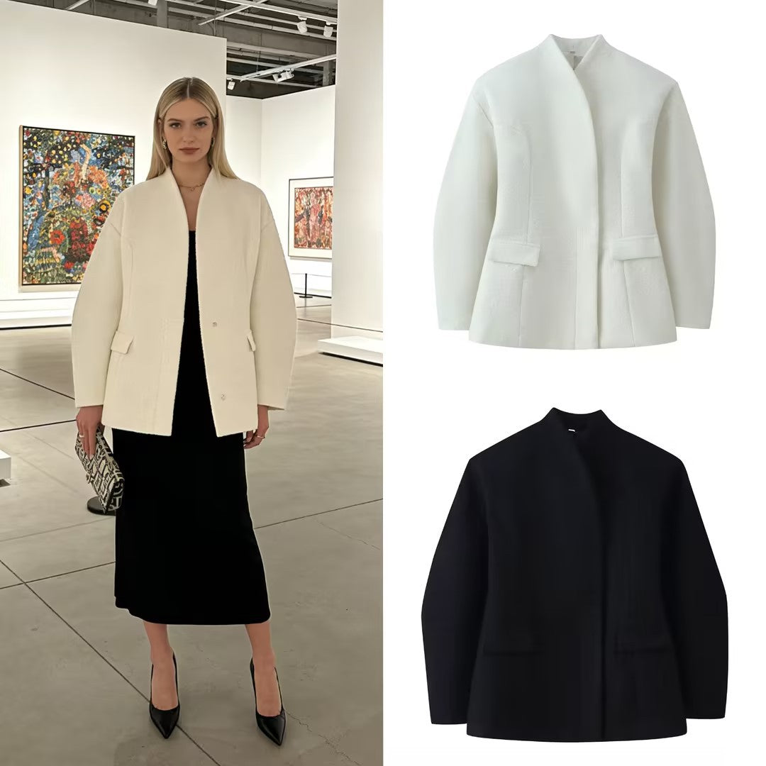 Women's Boucle Short Jacket with Boxy Silhouette, Concealed Button Placket and Flap Pockets Mune Fashion