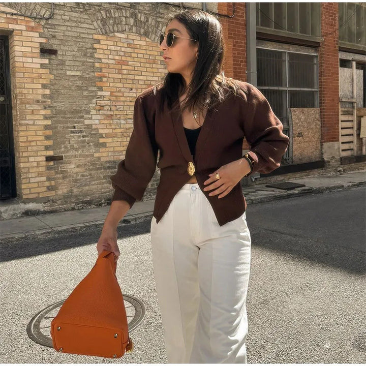 Women 500+ Cropped Cardigan with Waist Gathering, Deep V-Neck and Large Decorative Button Mune Fashion